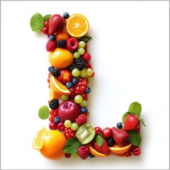 A collage of various fresh fruits and berries arranged in the shape of the letter L. creative and...