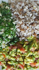 Guacamole de abacate com tomate, virado de couve com farinha, arroz integral com lentilha.