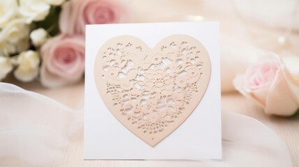 Heart-shaped card on pink roses and white flowers