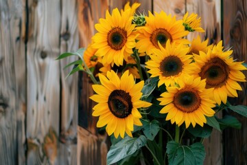 Wooden Background Complementing Sunflower Arrangement, AI Generative
