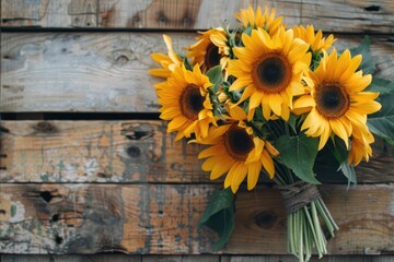 Sunflower Bouquet Resplendent on Wooden Surface, AI Generative
