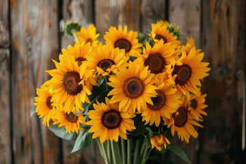 Sunflower Brightness Set Against Rustic Wood, AI Generative
