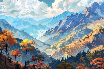 a mountain range with trees and mountains in the background