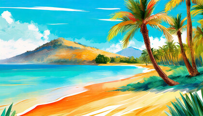 Fototapeta na wymiar Oil painting on tropical landscape with sand and palm trees. Paradise island. Natural scenery.