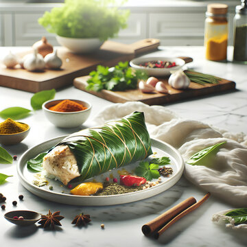 Juane Peruvian Dish with Herbs on Marble Counter
