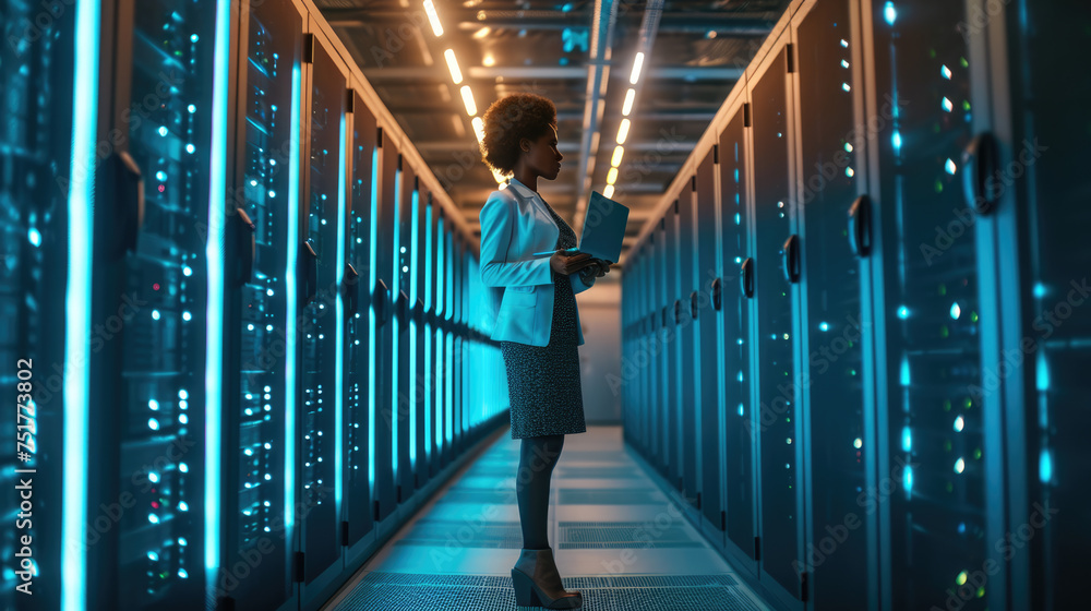 Aufkleber focused it professional using a laptop while standing in a server room with racks of network equipme