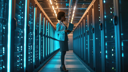 Focused IT professional using a laptop while standing in a server room with racks of network equipment illuminated by blue lights