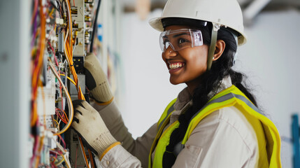 A professional female electrician is smiling while working on a complex electrical panel