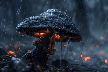 a mushroom with water drops on it - obrazy, fototapety, plakaty