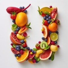 A collage of various fresh fruits and berries arranged in the shape of the letter U. creative and healthy alphabet letter U made entirely of colorful fruits and berries.