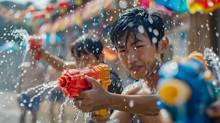 Children Having Fun Playing with Water Guns at the Waterpark