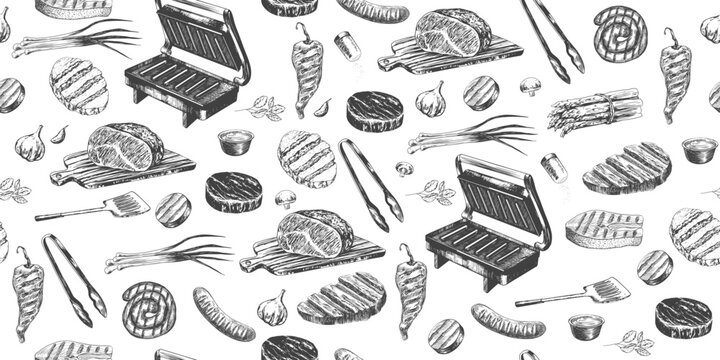Seamless pattern with grilled meat and bbq equipment. Background with bbq food and tool. Electric barbecue press grill. Hand drawn grilled steak, sausage, roast beef, vegetables. Kitchen utensils