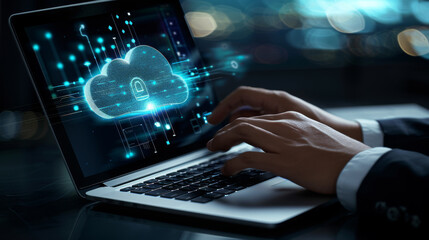person's hands typing on a laptop with a digital overlay of a secure cloud network graphic, implying a focus on cybersecurity or data protection. - obrazy, fototapety, plakaty