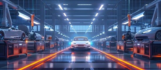 Fototapeta na wymiar Electric Cars on the Assembly Line in a Futuristic Factory