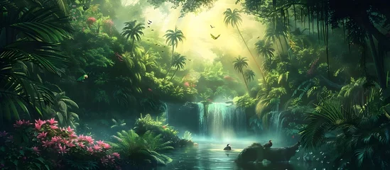 Foto op Plexiglas Exotic Tropical Jungle Waterfall Wallpaper © kiatipol