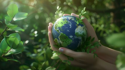 Ecology concept. Close-up of female hands holding earth globe with green leaves on blurred nature background.