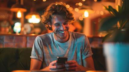 Fototapeta premium A cheerful man in a casual t-shirt is smiling while looking at his smartphone, with the city lights creating a bokeh effect in the background.