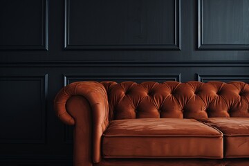 a brown couch in front of a black wall