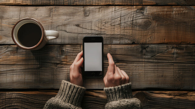 A person's hands are shown holding a smartphone with a cup of coffee on a wooden table, suggesting a moment of relaxation or connectivity.