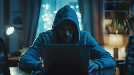 Man in Hoodie Working Hard on Laptop in Cryptid Academia - obrazy, fototapety, plakaty