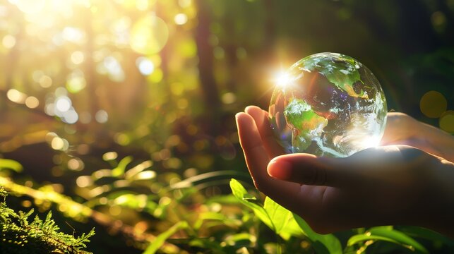 Hand holding a glass globe in the forest. save earth concept.
