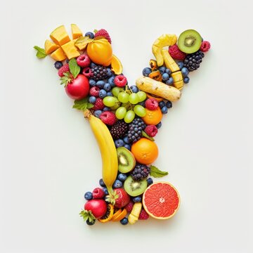 A collage of various fresh fruits and berries arranged in the shape of the letter Y. creative and healthy alphabet letter Y made entirely of colorful fruits and berries.