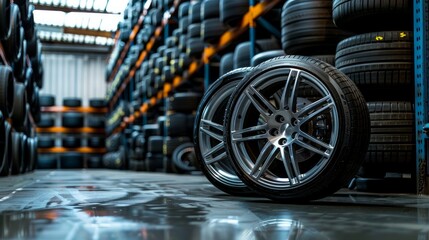 a tire warehouse with rows of tire racks in the background