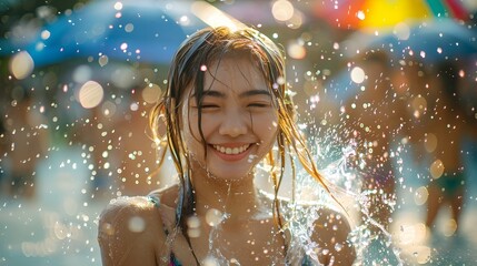 Woman Smiling on the Beach while Splashing with Water