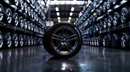 Fototapeta premium a tire warehouse with rows of tire racks in the background
