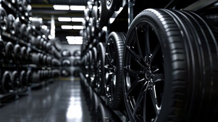 a tire warehouse with rows of tire racks in the background