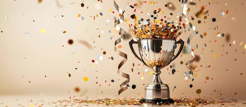 Winners Cup Surrounded by Confetti in a Metallic Style