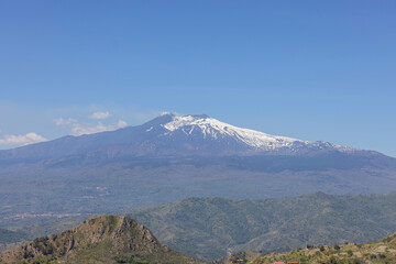 View of Mount Etna volcano from path of Saracens in mountains between Taormina and Castelmola, Sicily; Italy
