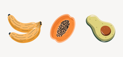 Set of juicy fruit cartoon. Banana, papaya, avocado breakfast. Vector illustration
