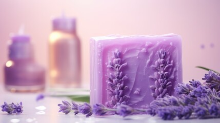 Obraz na płótnie Canvas Lavender soap with dried lavender flowers. Handmade soap. Natural herbal cosmetics with lavender flowers. The concept of relaxation. Cosmetic procedures.