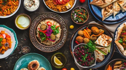 Tuinposter A vibrant array of Middle Eastern dishes, artfully presented as a traditional Ramadan Iftar meal © Chingiz