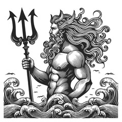 Poseidon god of the sea, holding a trident amidst ocean waves sketch engraving generative ai vector illustration. T-shirt apparel print design. Scratch board imitation. Black and white image. - obrazy, fototapety, plakaty