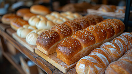 Duftendes Bäckerei-Display: Eine verlockende Auswahl an frisch gebackenem Brot und Brötchen auf einem rustikalen Holztisch