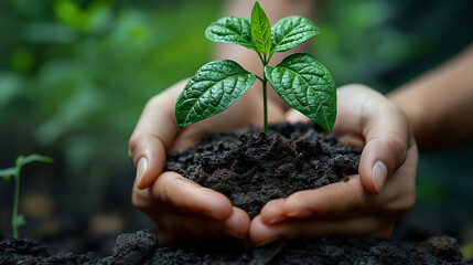Nachhaltiges Wachstum - Junge Pflanze in sorgenden Händen - obrazy, fototapety, plakaty