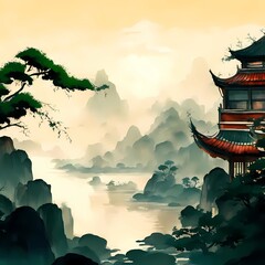 Fototapeta premium Modern digital art of Chinese landscape painting. Generative AI