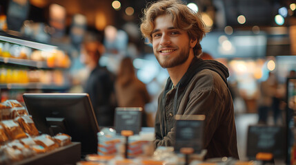 Freundlicher junger Auszubildender Verkäufer im Supermarkt