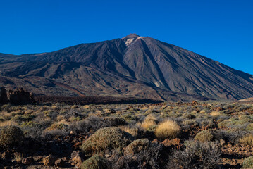 Obraz premium Cosmic landscapes with lava stones in the Teide Volcano National Park in the Canary Islands, view of the top of the mountain