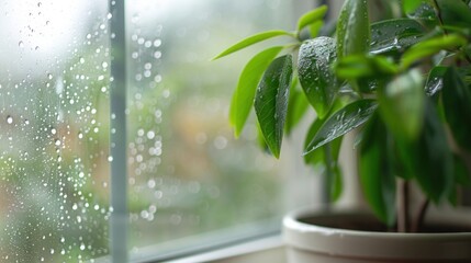 Close-up of condensation on PVC window, white plastic window, houseplant on the background, selective focus. Indoor plants and humidity concept. --ar 16:9 Job ID: 6f65ced1-4dba-40d5-b540-a84b2f1c3b01