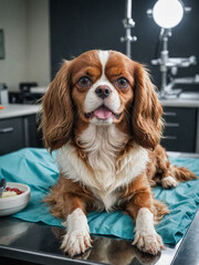 Portrait of a Cavalier King Charles Spaniel, a beautiful pet on the background of a Veterinary clinic