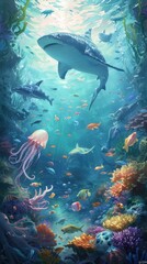 A mesmerizing underwater scene: an octopus with flowing tentacles interacts with a jellyfish. Watercolor style