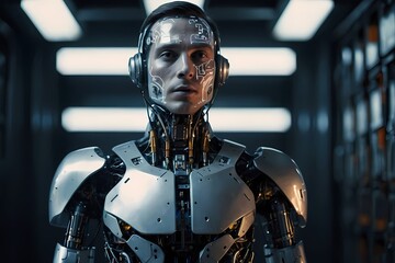 Fototapeta na wymiar Humanoid robot character with artificial intelligence, symbolizing technological advancement and artificial intelligence in modern life