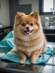 Portrait of a Pomeranian, a beautiful pet on the background of a Veterinary clinic