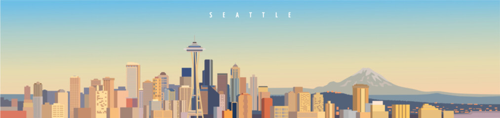seattle city skyline twilight panoramic horizontal banner design