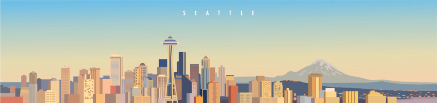 seattle city skyline twilight panoramic horizontal banner design