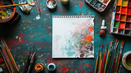 An artist's workspace is a vibrant mess, with paintbrushes, open paint jars, and a color-splattered palette and sketchbook. Resplendent.