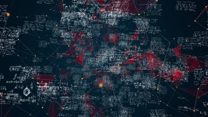 camera movement in digital space with animation of algebraic, physical and chemical formulas and cheat sheets, animation of handwritten educational notes, learning process, animated digitalization